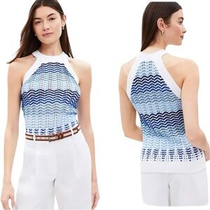NWT LOFT Knit Chevron Blue White Halter Top - Women’s Large